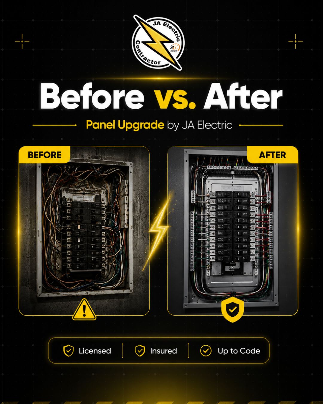 ⚡ Before & After — This Is What a Real Panel Upgrade Looks Like

An outdated electrical panel isn't just an inconvenience — it's a safety hazard.

✅ New panel installed
⚡ Up to code & fully inspected
🔧 Clean, safe, and professional work
🏠 Ready for years of reliable power

This is the JA Electric standard — quality you can see and safety you can feel.

📞 (561) 200 7541
📞 (844) 439 2612

📩 Contact us today and let's upgrade your panel the right way

#JaElectricContractor #ElectricalServices #Electrician #NewPage #ResidentialElectric