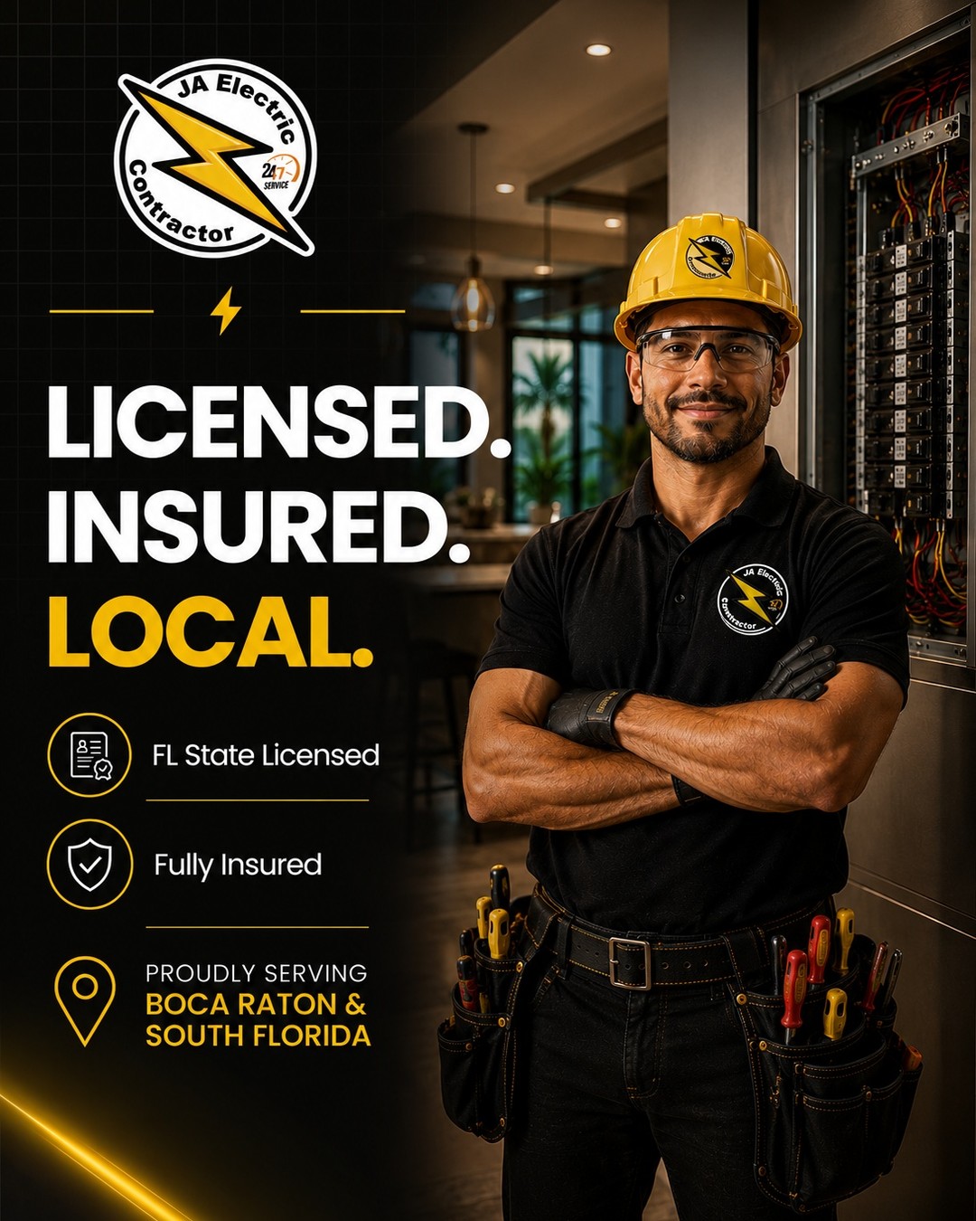 Hiring an electrician isn't just about price — it's about who you trust inside your home.

✅ Florida state licensed
✅ Fully insured
✅ Local team serving Coral Springs & Boca Raton

Because peace of mind shouldn't be an upgrade — it should be the standard. ⚡

📞 (561) 200 7541 · (844) 439 2612
🌐 jaelectriccontractor.com

#JaElectricContractor #ElectricalServices #Electrician #NewPage #ResidentialElectric