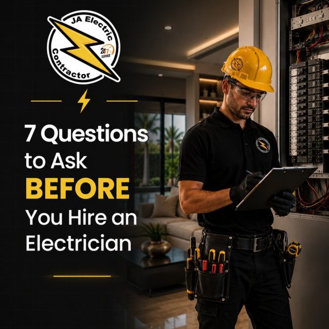 ⚠️ Not every electrician is the same — and the wrong choice can cost you thousands, or worse.

Before you hire anyone to work inside your walls, ask these 7 questions. The answers tell you everything.

✅ We say YES to all 7. Always have. Always will.

📍 JA Electric Contractor — Coral Gables & Boca Raton

📞 (561) 200 7541 · (844) 439 2612

Save this 🔖 You'll thank yourself later.

#JaElectricContractor #ElectricalServices #Electrician #NewPage #ResidentialElectric